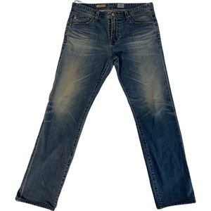 Adriano Goldschmied (AG) The Graduate denim; 33x32 taper: 34x30.5. “Sandblast.”